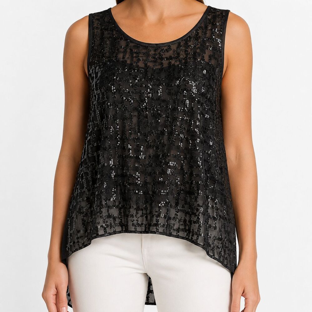 Devlin Black Sequins Top Size M Sheer Back Sleeveless Sparkly Tent Tank